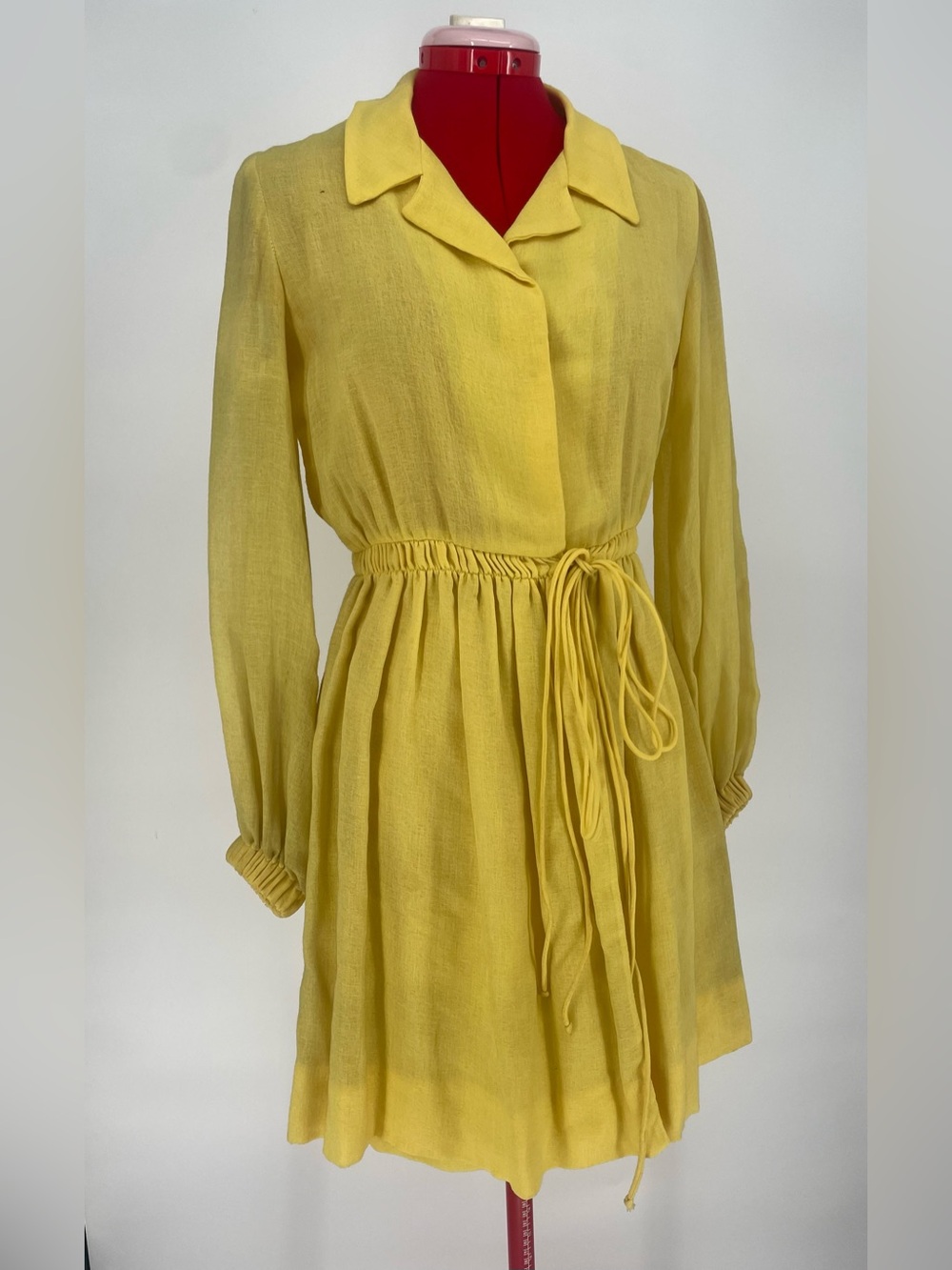 60s 70s Yellow Long Sleeve Shirtwaist Mini Dress Wrap Skirt & Ties At Waist